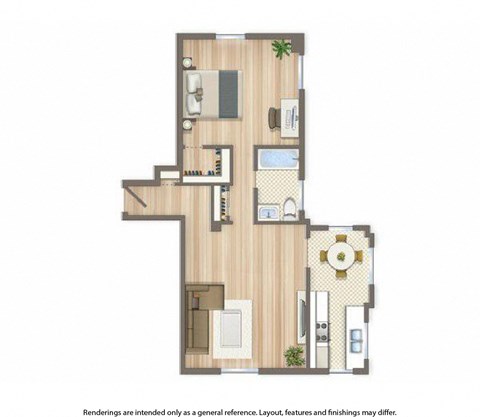 Floor plan for 1 bed, 1 bath, 646 sqft